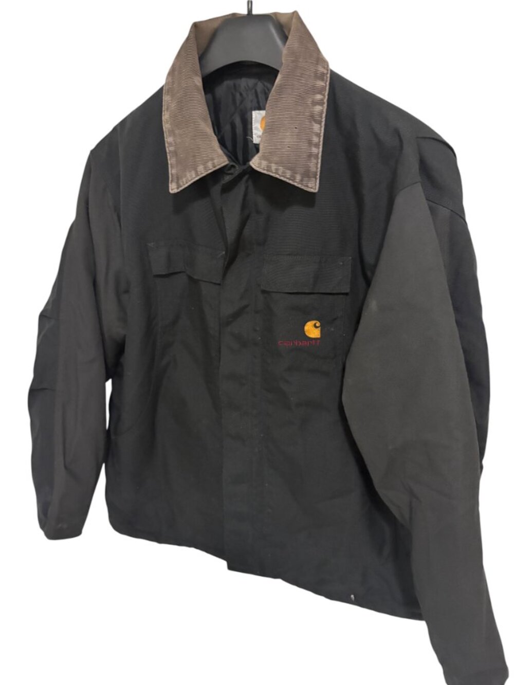 Vintage Carhartt Black Barn Chore Logo Jacket Quilt Lined Brown Cord Trim 2XL - Picture 2 of 8